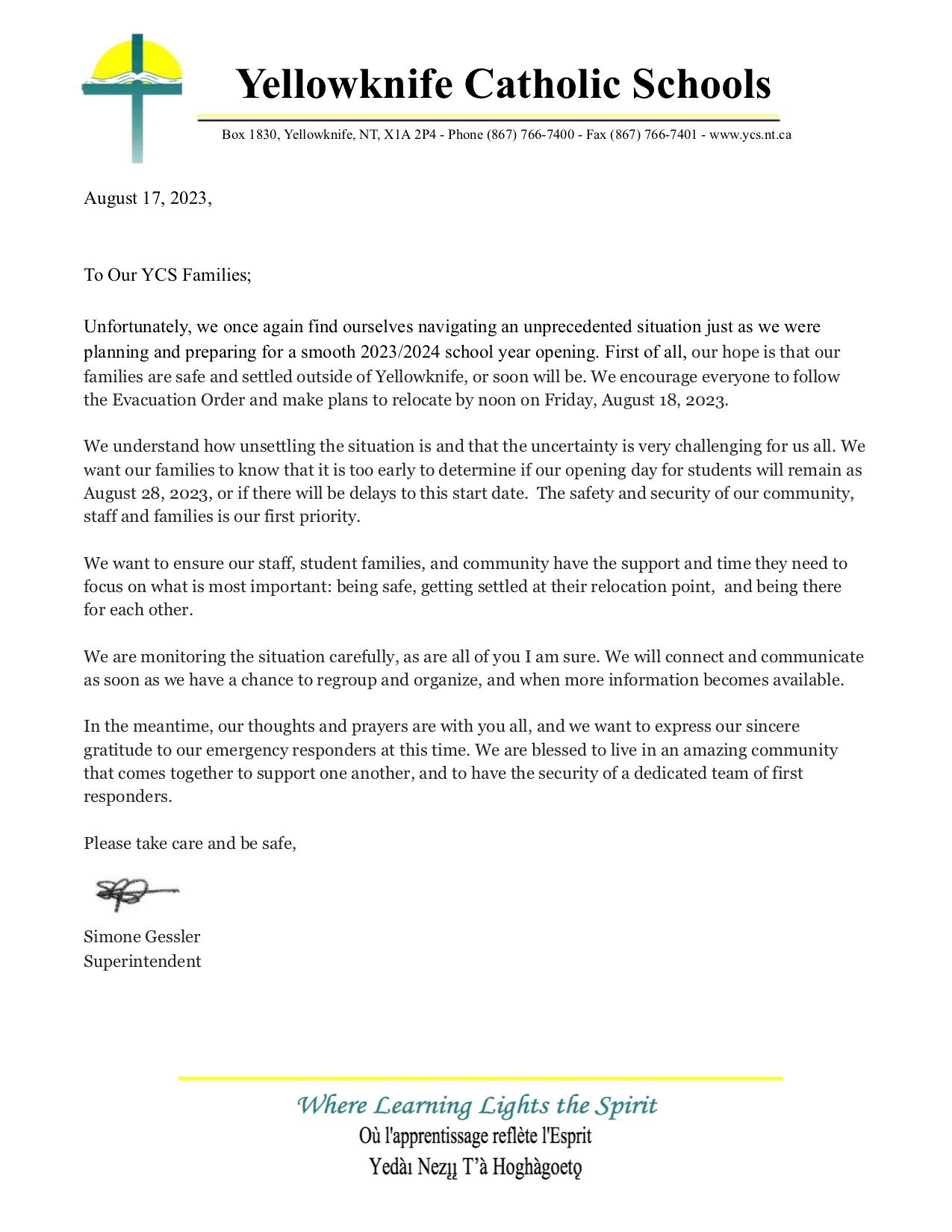 Letter to Parents Evacuation